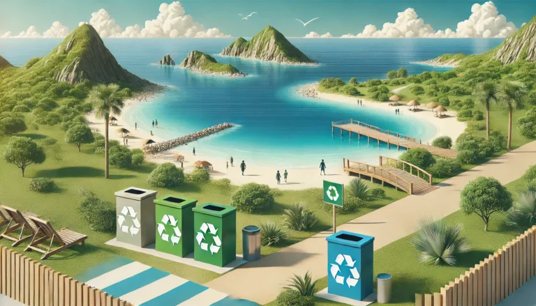 Illustration: Flusslandschaft mit Wald und Recyclingtonnen im Vordergrund