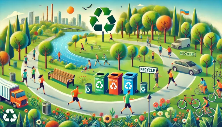 Illustration: Parkanlage mit Spaziergängern, Radfahrern und getrennten Recyclingtonnen