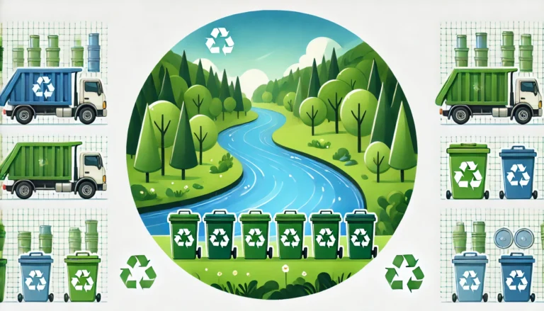 Illustration: Grüne Flusslandschaft mit einer Reihe von Recyclingtonnen