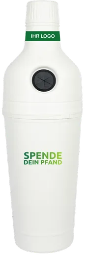 Pfandbehälter in Flaschenform, weiß, mit freier Werbefläche für Ihr Logo